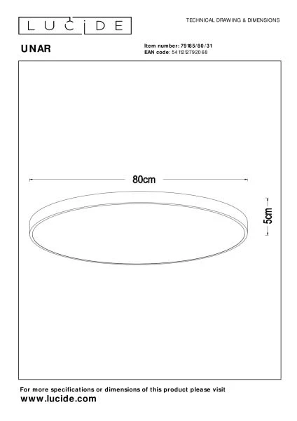 Lucide UNAR - Flush ceiling light - Ø 80 cm- LED 3 StepDim - 1x80W 2700K - White - technical